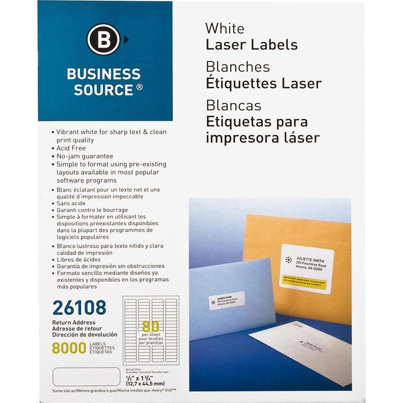 Business Source Address Laser Labels - 1/2inx 1 3/4in - Permanent Adhesive - Rectangle - Laser - White - 26108 MPN:26108