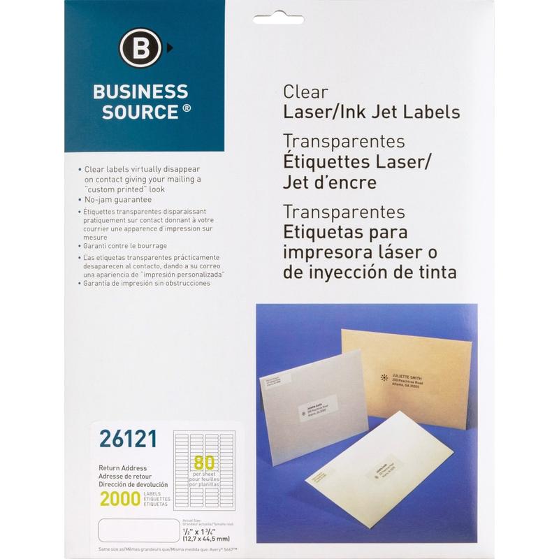 Business Source Clear Return Address Laser Labels - 1/2inx1 3/4in- Permanent Adhesive - Rectangle - Laser - Clear - 80/Sheet - Self-adhesive - 2000/Pack MPN:26121