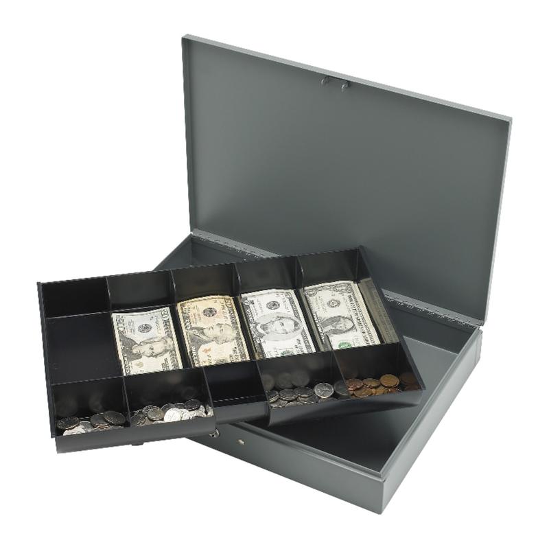Sparco All-Steel Key Lock Cash Box With Tray, 10 Compartments, 2in x 10 1/2in x 15in, Gray MPN:15500