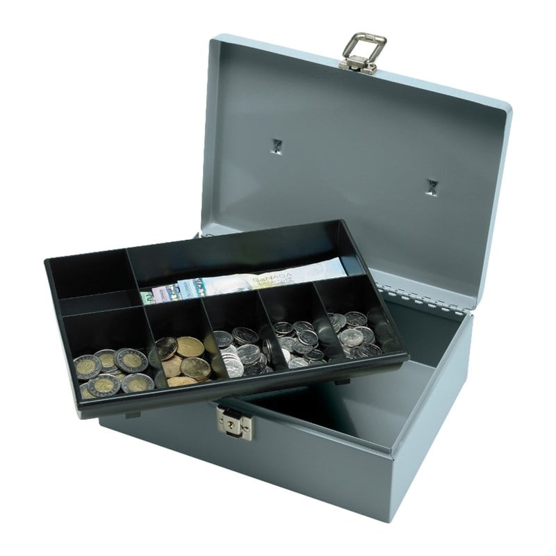 Sparco All-Steel Latch Lock Cash Box With Tray, 7 Compartments, 4in x 11in x 7 3/4in, Gray MPN:15501