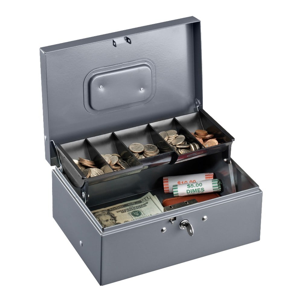 Sparco Key Lock Controller Cash Box With Tray, 5 Compartments, 3 7/16in x 11 7/16in x 7 1/2in, Gray MPN:15507