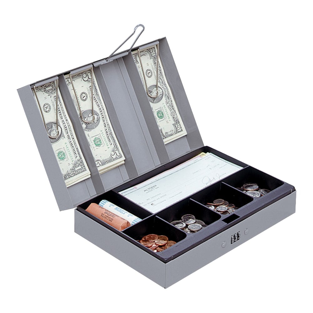 Sparco Steel Combination Lock Cash Box With Tray, 3 1/4in x 11 1/2in x 7 3/4in, Gray MPN:15508
