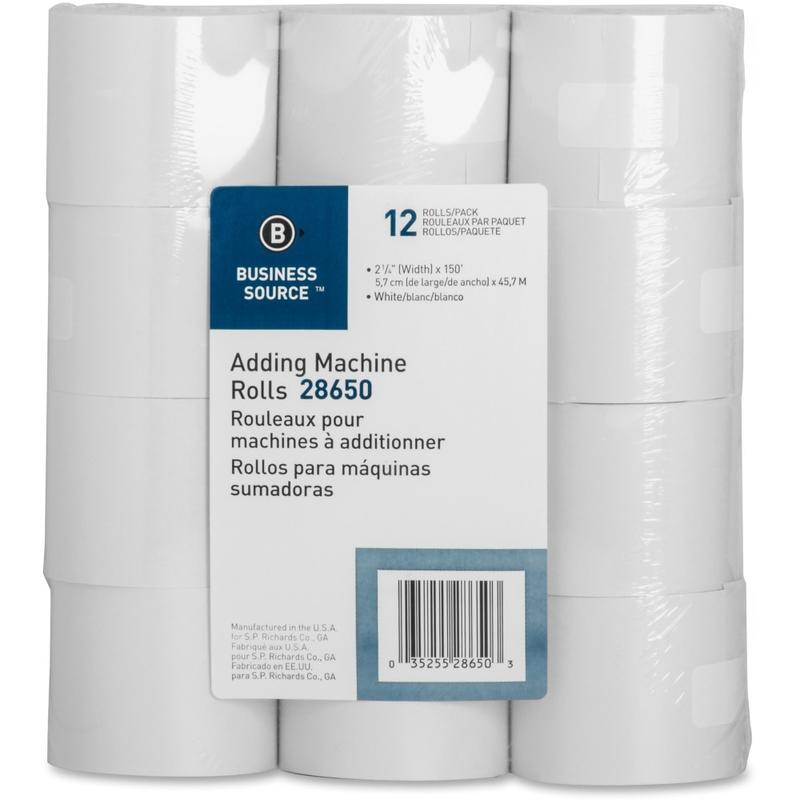 Business Source 150ft Adding Machine Rolls - 2 1/4in x 150 ft - Sustainable Forestry Initiative (SFI) - Lint-free - White - 12 / Pack MPN:28650