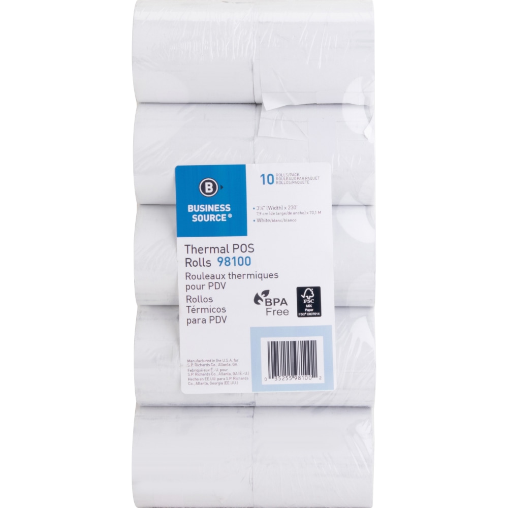 Business Source 3-1/8inx230ft POS Receipt Thermal Rolls, 3 1/8in x 230 ft, 48 g/m2 Grammage, White, 10-Pack MPN:98100