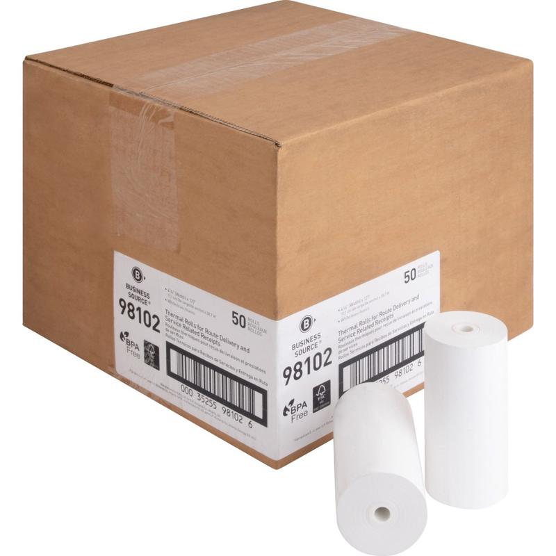 Business Source Portable Printer Receipt Thermal Rolls - 4 19/64in x 127 ft - 50 / Carton - White MPN:98102