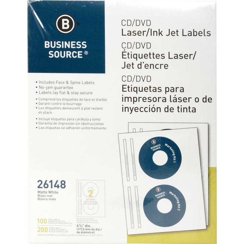 Business Source CD/DVD Labels - - Height4 5/8in Diameter - Permanent Adhesive - Circle - Inkjet, Laser - White - 100 / Pack - Lignin-free, Smudge Resistant (Min Order Qty 2) MPN:26148
