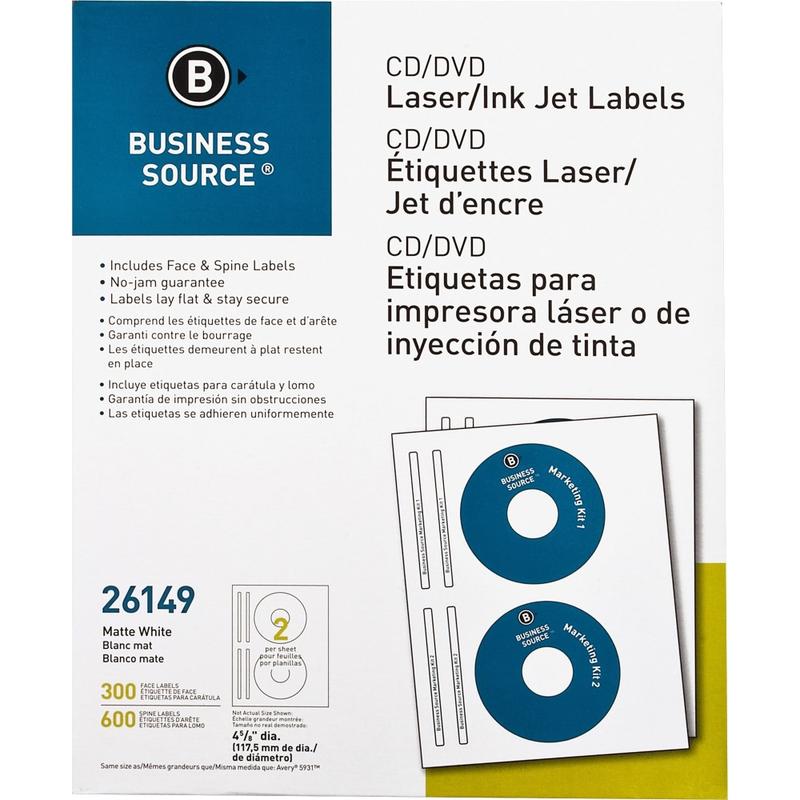 Business Source CD/DVD Labels - - Height4 5/8in Diameter - Permanent Adhesive - Circle - Inkjet, Laser - White - 300 / Pack - Lignin-free, Smudge Resistant (Min Order Qty 2) MPN:26149