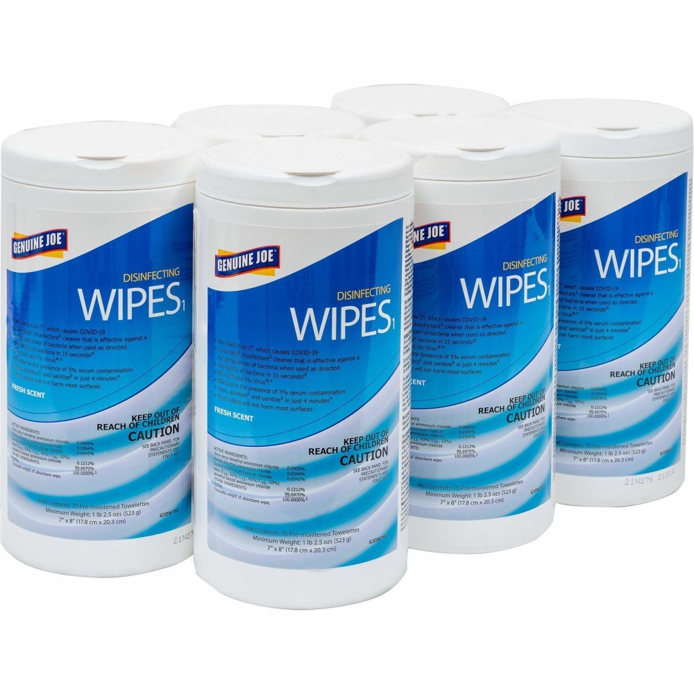 Genuine Joe Disinfecting Wipes - Ready-To-Use - Fresh Citrus Scent - 8in x 7in- Pre-moistened, Strong, Absorbent - White - 75Tub - 6 / Carton - W75F MPN:W75F