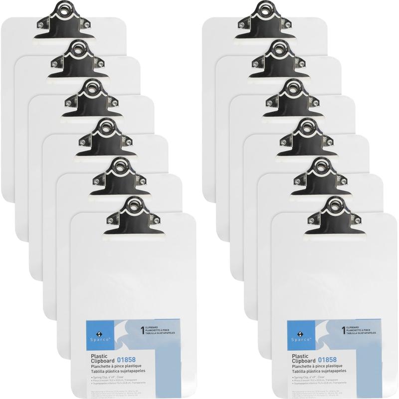 Business Source Plastic Clipboard - 6in x 9in Sheet Size - Spring Clip - Plastic - Clear - 12 / Box MPN:01858BX