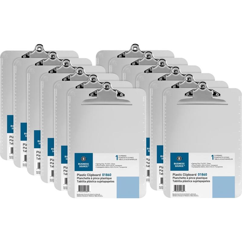 Business Source Spring Clip Plastic Clipboard - Spring Clip - Plastic - Clear - 12 / Box MPN:01860BX