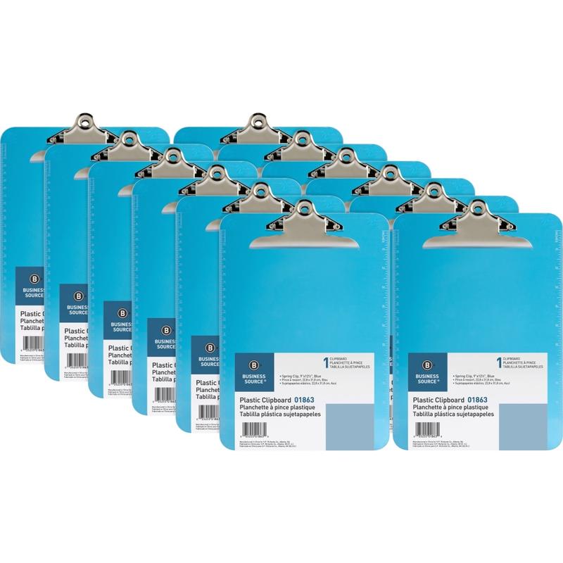Business Source Spring Clip Plastic Clipboard - Spring Clip - Plastic - Blue - 12 / Box MPN:01863BX
