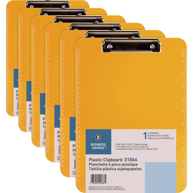 Business Source Flat Clip Clipboard - 9in x 12in Sheet Size - Plastic - Neon Orange - 6 / Bundle MPN:01866BD