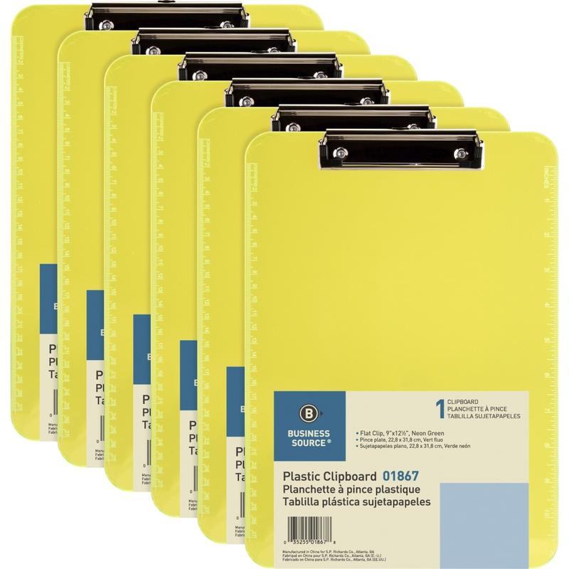 Business Source Flat Clip Plastic Clipboard - 9in x 12in - Plastic - Neon Green - 6 / Bundle MPN:01867BD