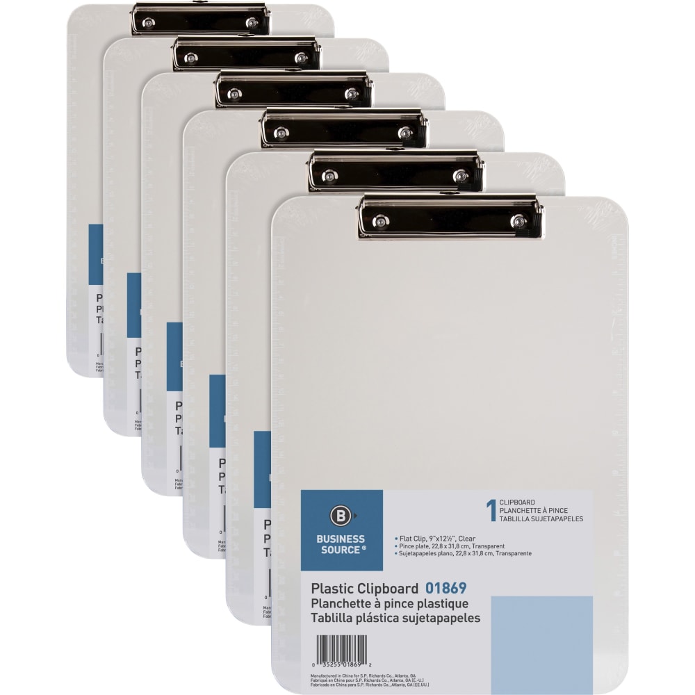 Business Source Flat Clip Plastic Clipboard - 9in x 12in - Plastic - Clear - 6 / Bundle MPN:01869BD