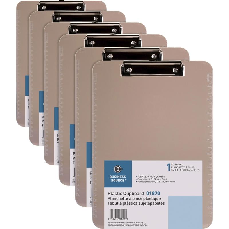 Business Source Flat Clip Plastic Clipboard - 9in x 12in - Plastic - Smoke - 6 / Bundle MPN:01870BD
