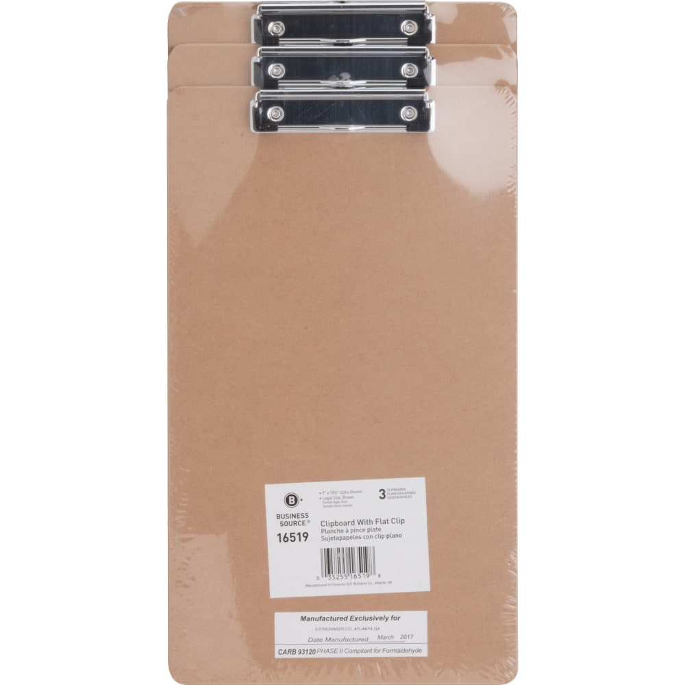 Business Source Legal-size Clipboard - 8 1/2in x 14in Sheet Size - Hardboard - Brown - 3 / Pack MPN:16519