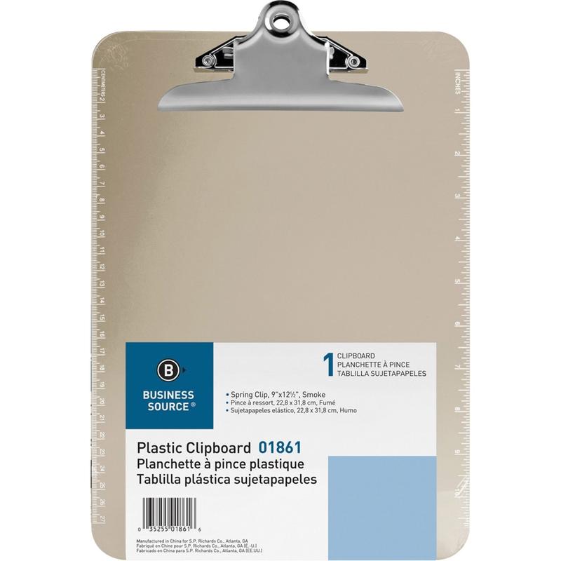 Sparco Plastic Clipboards - 9in x 12 1/2in - Spring Clip - Plastic - Smoke - 1 Each MPN:01861