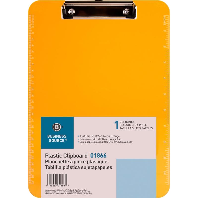 Sparco Plastic Clipboard With Flat Clip, 8 1/2in x 11in, Neon Orange MPN:01866
