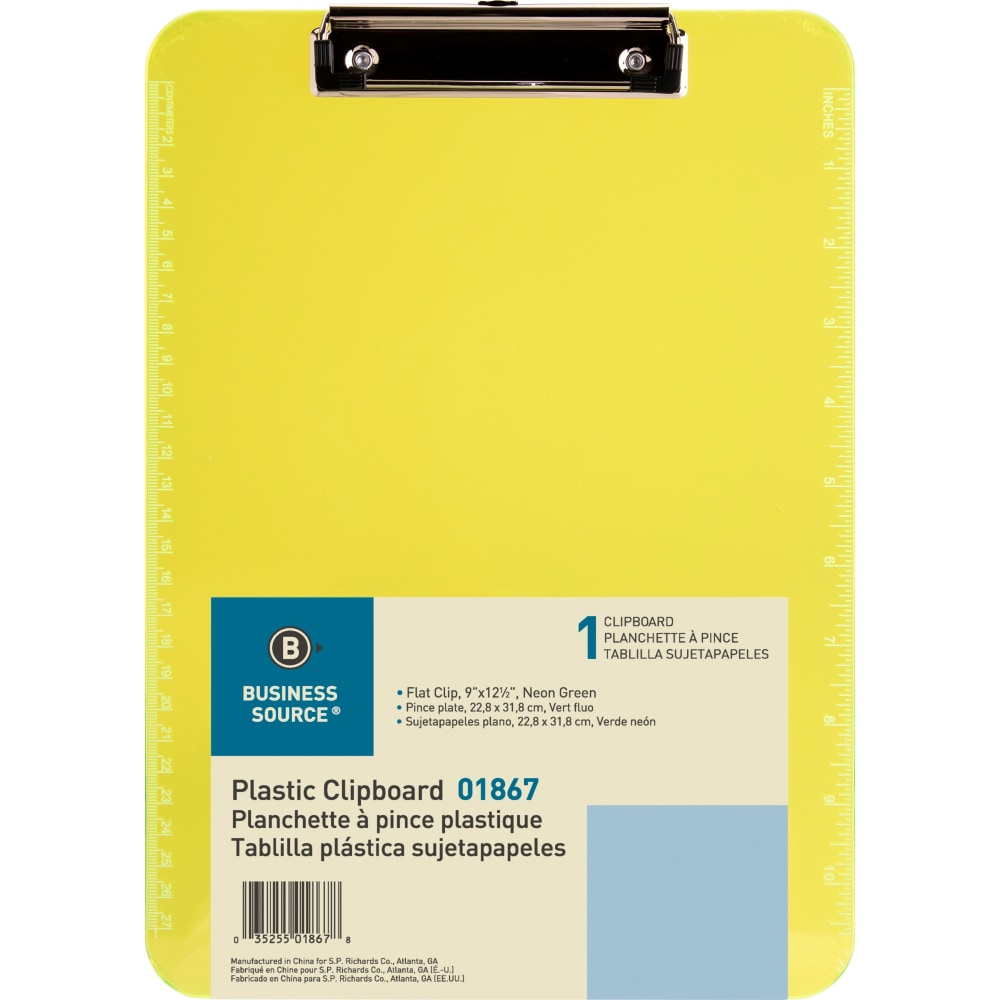 Sparco Plastic Clipboard With Flat Clip, 8 1/2in x 11in, Neon Green MPN:01867