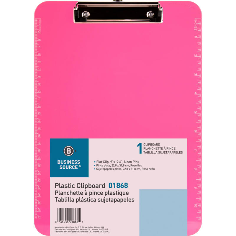 Sparco Plastic Clipboard With Flat Clip, 8 1/2in x 11in, Neon Pink MPN:01868