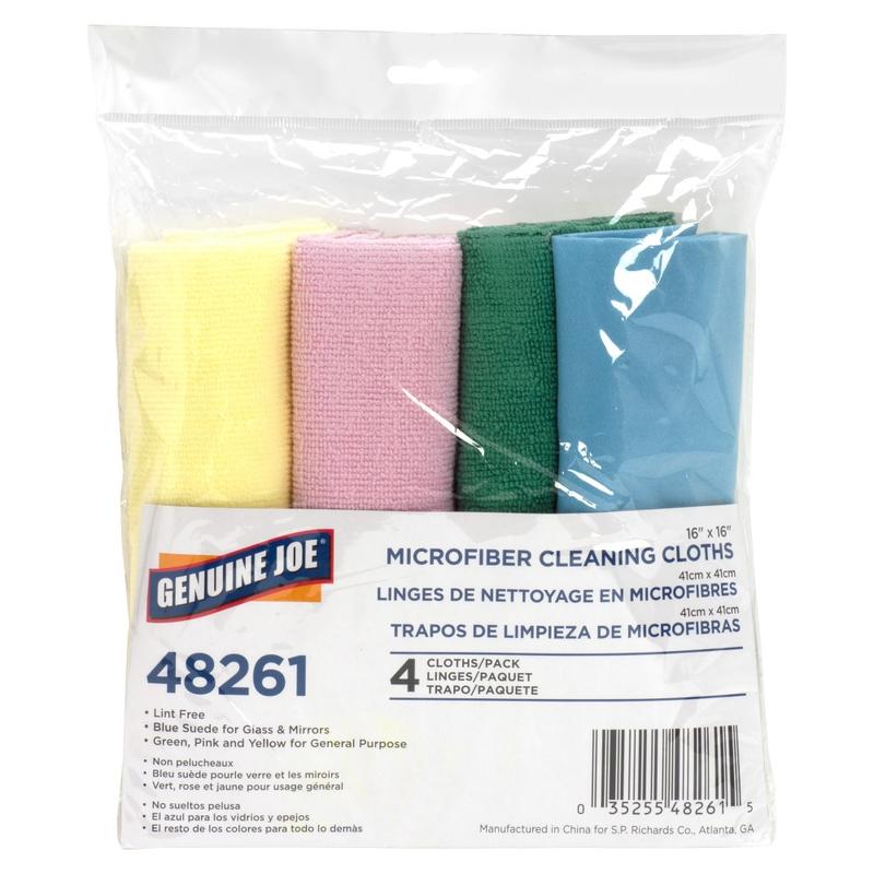 Genuine Joe Color-coded Microfiber Cleaning Cloths - 16in x 16in - Assorted - MicroFiber - 4 Per Pack - 36 / Carton MPN:48261CT