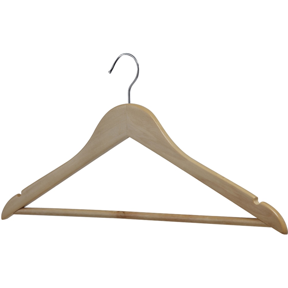 Lorell Wooden Coat Hangers - 7.3in Height - 13.8in Width - for Coat, Clothes, Garment - Wooden, Metal - Natural - 30 / Carton MPN:01066
