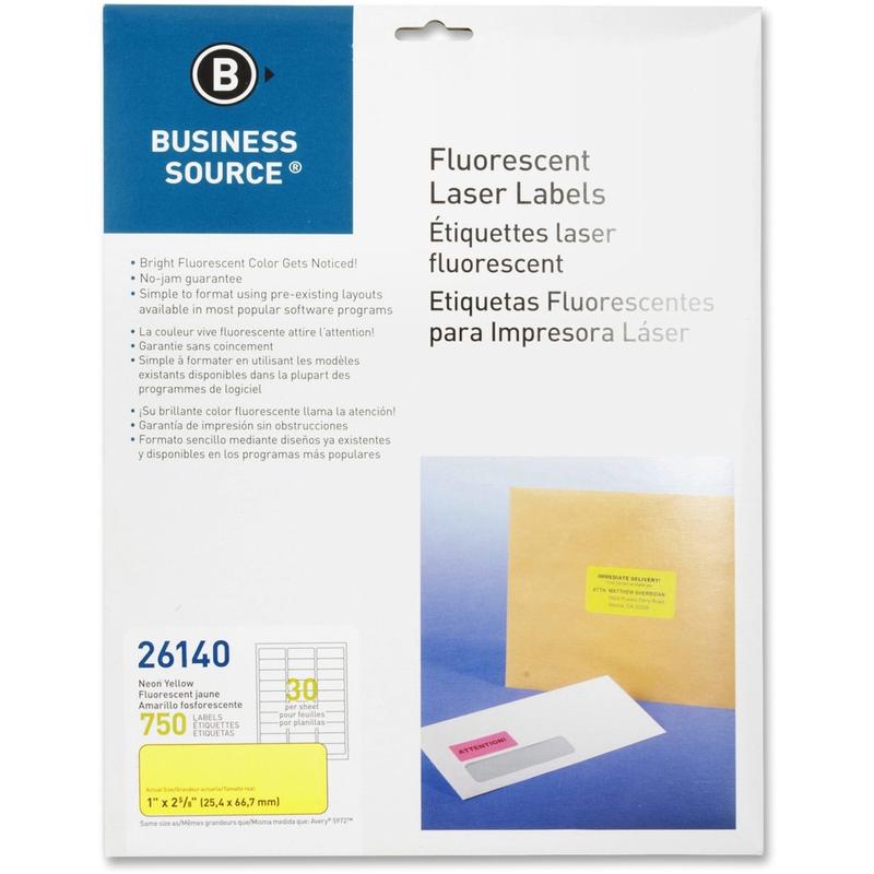 Business Source Neon Labels - 1inx 2 5/8in - Permanent Adhesive - Rectangle - Laser - Neon Yellow - 30/Sheet - Jam-free, Pressure Sensitive - 750/Pack MPN:26140