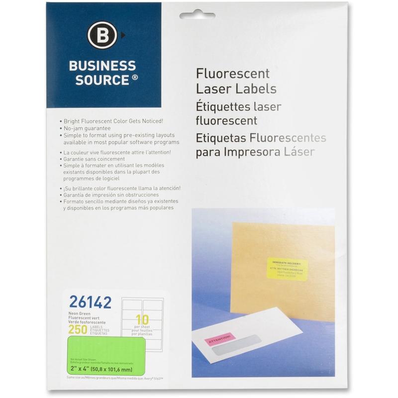 Business Source Neon Labels - 2inx 4in - Permanent Adhesive - Rectangle - Laser - Neon Green - 10 / Sheet - Jam-free, Pressure Sensitive - 250 / Pack MPN:26142