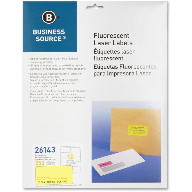 Business Source Neon Labels - 2inx 4in - Permanent Adhesive - Rectangle - Laser - Neon Yellow - 10 / Sheet - Jam-free, Pressure Sensitive - 250 / Pack MPN:26143