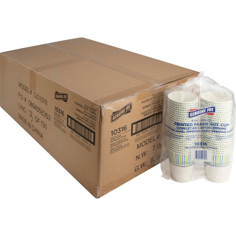 Genuine Joe 8 oz Hot Beverage Cups - 8 fl oz - Assorted - Paper - Hot Chocolate, Cappuccino, Tea, Coffee, Beverage - 50/Pack - 20 / Carton MPN:10316CT