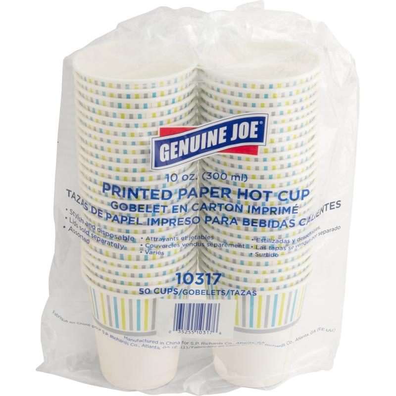 Genuine Joe 10 oz Hot Beverage Cups - 10 fl oz - Assorted - Paper - Hot Chocolate, Cappuccino, Tea, Coffee, Beverage - 50 / Pack MPN:10317
