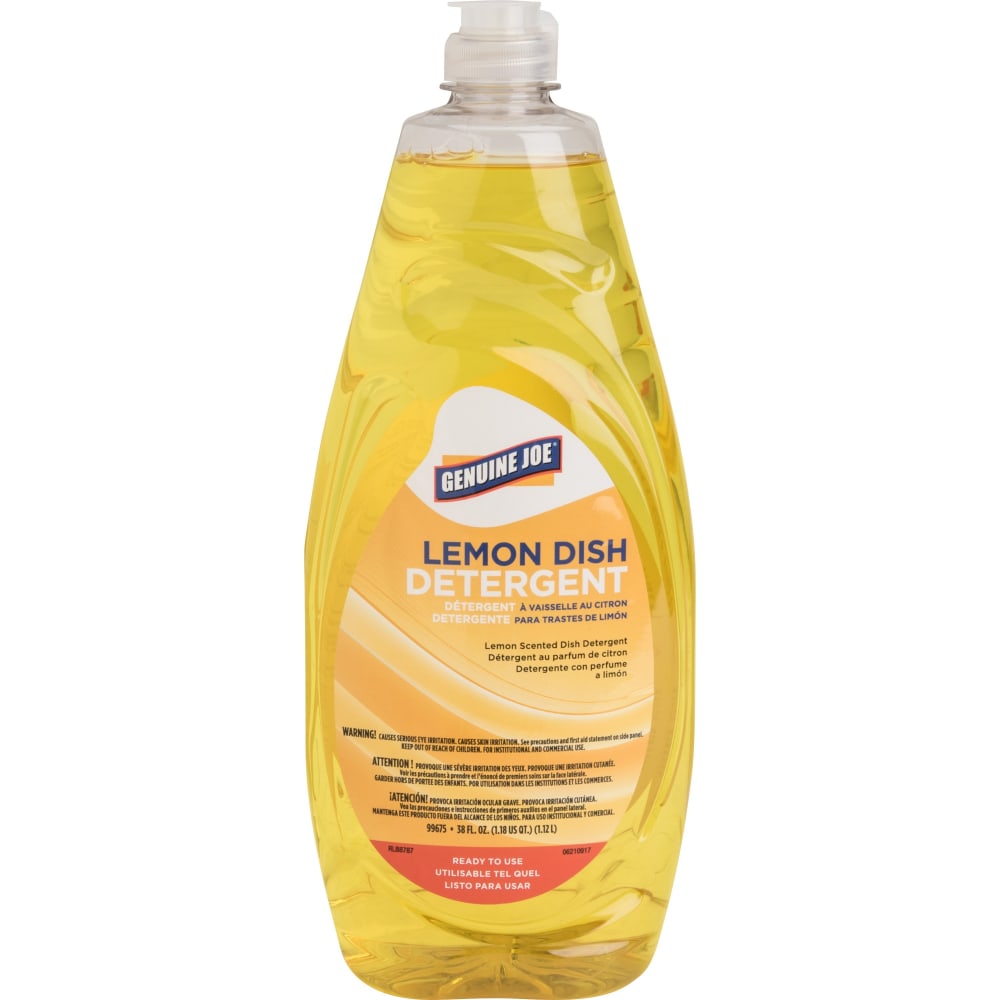 Genuine Joe Dish Detergent - For Pot - Concentrate - 38 fl oz (1.2 quart) - Lemon Scent - Heavy Duty, Durable, Long Lasting, Film-free - Yellow MPN:99675