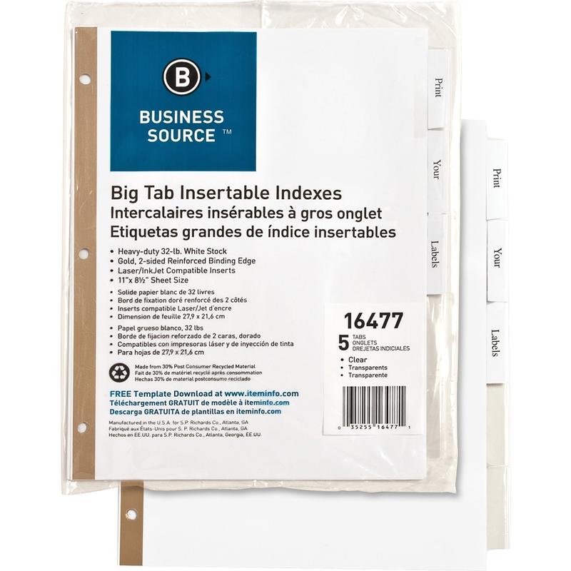 Business Source Tear-resistant Clear Tab Index Dividers - 5x Divider(s) - 5 Tab(s)/Set - 8.5in Dividerx 11in Divider - 16477 MPN:16477