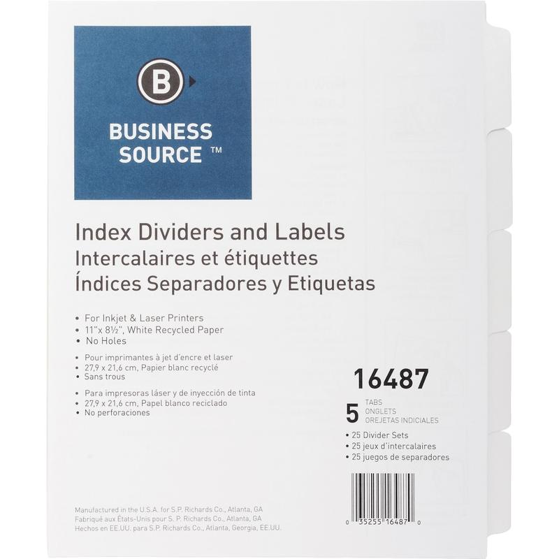 Business Source Un-punched Index Dividers Set - 5 x Divider(s) - Blank Tab(s) - 5 Tab(s)/Set - White Divider - White Tab(s) - 25 / Box MPN:16487