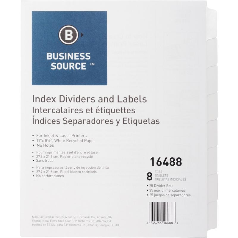 Business Source Unpunched Index Dividers Set - 8 Blank Tab(s) - 8.5in Divider Width x 11in Divider Length - Letter - White Tab(s) - 25 / Box MPN:16488
