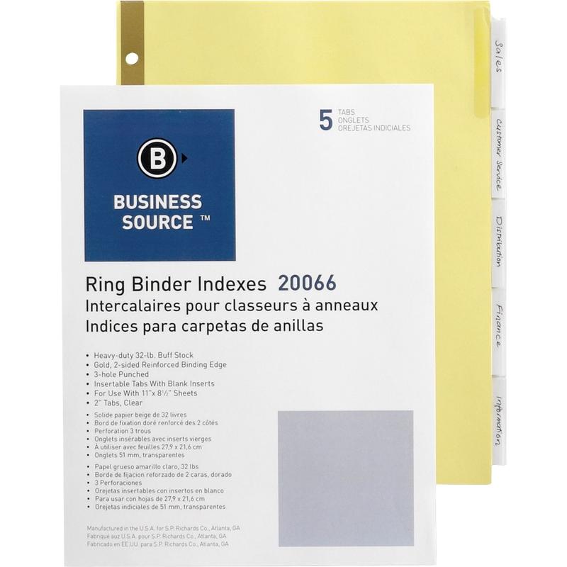 Business Source Insertable 5-Tab Ring Binder Indexes - 5x Divider(s) - 5 Tab(s)/Set2in Tab- 8.5in Dividerx 11in Divider - 20066 MPN:20066