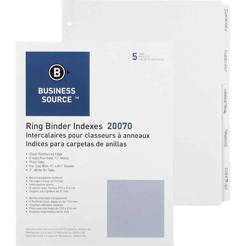 Business Source 3-Ring Plain Tab Indexes - 5 Write-on Tab(s)2in Tab- 8.5in Dividerx 11in Divider - Letter - 3 Hole Punched - White Divider - 100 / Box MPN:20070