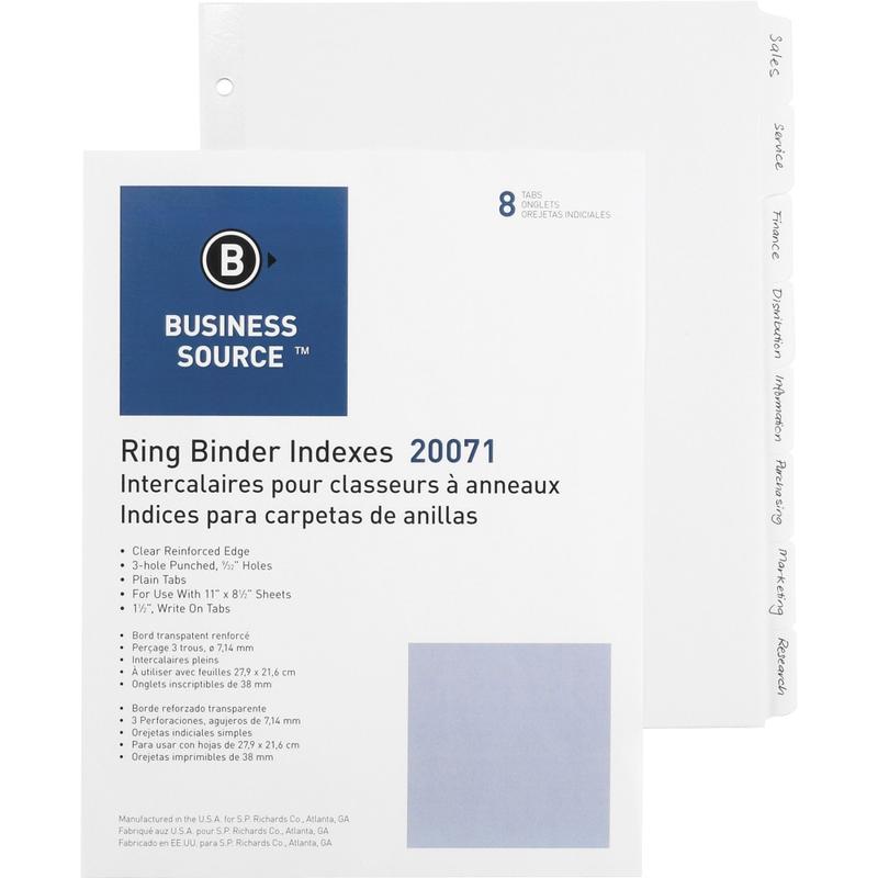 Business Source 3-Ring Plain Tab Indexes - 8 Write-on Tab(s)1.25in Tab- 8.5in Dividerx 11in Divider - Letter - 3 Hole Punched - White Divider - 100 / Box MPN:20071