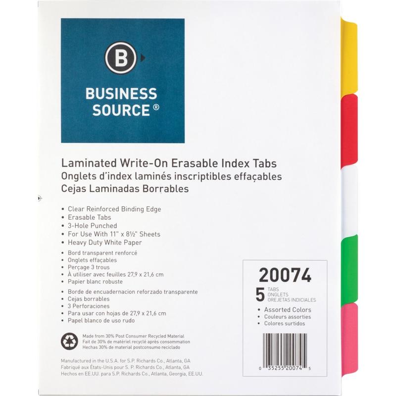 Business Source Laminated Write-On Tab Indexes - 5 Write-on Tab(s) - 5 Tab(s)/Set - 11in Tab x 8.50in Ta - 20074 MPN:20074