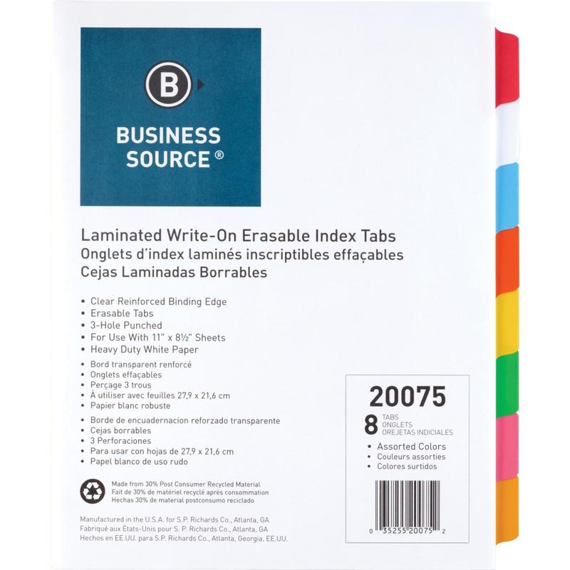 Business Source Laminated Write-On Tab Indexes - 8 Write-on Tab(s) - 8 Tab(s)/Set - 11in Tab x 8.50in Ta - 20075 MPN:20075