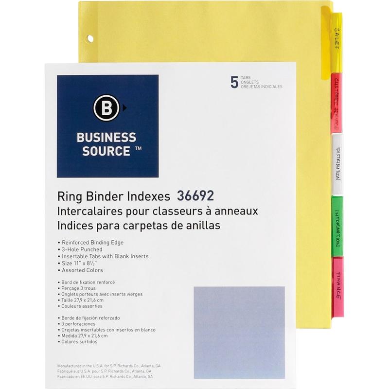 Business Source Insertable Tab Ring Binder Indexes, 8-1/2in x 11in, Multicolor, Set of 5 MPN:36692
