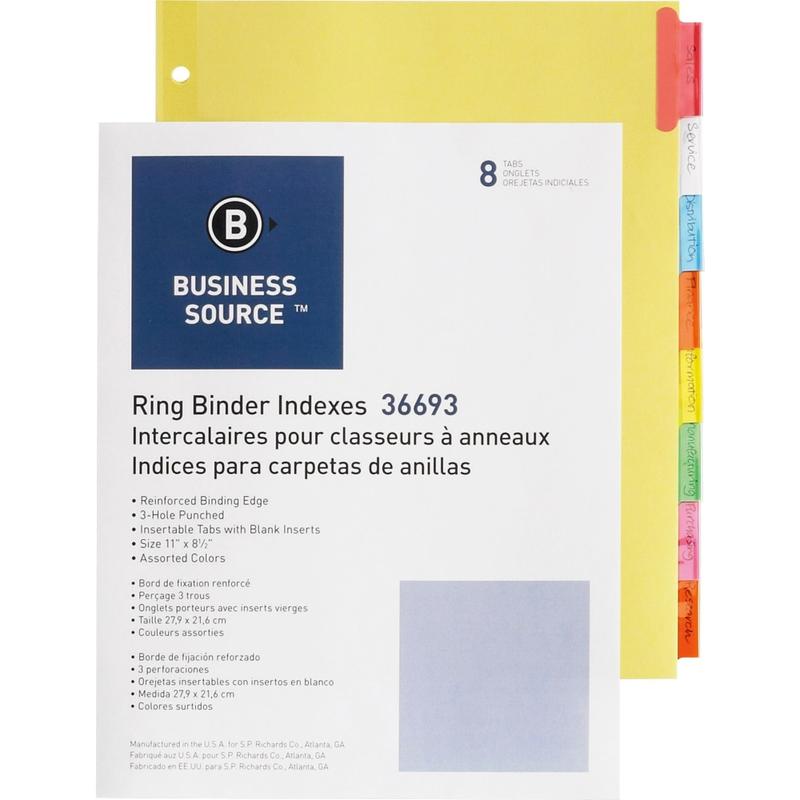 Business Source Insertable Tab Ring Binder Indexes, 8-1/2in x 11in, Multicolor, Set of 8 MPN:36693