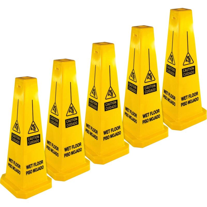 Genuine Joe Bright 4-sided Caution Safety Cone - 5 / Carton - English, Spanish - 10in Width x 24in Height x 10in Depth - Cone Shape - Stackable - Industrial - Polypropylene - Yellow MPN:58880CT