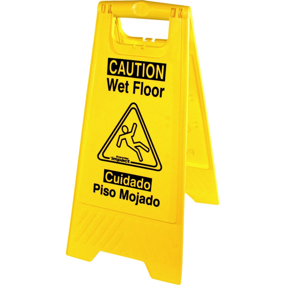 Genuine Joe Universal Graphic Wet Floor Sign - 1 Each - English, Spanish - Wet Floor Print/Message - Foldable - Yellow (Min Order Qty 5) MPN:85117