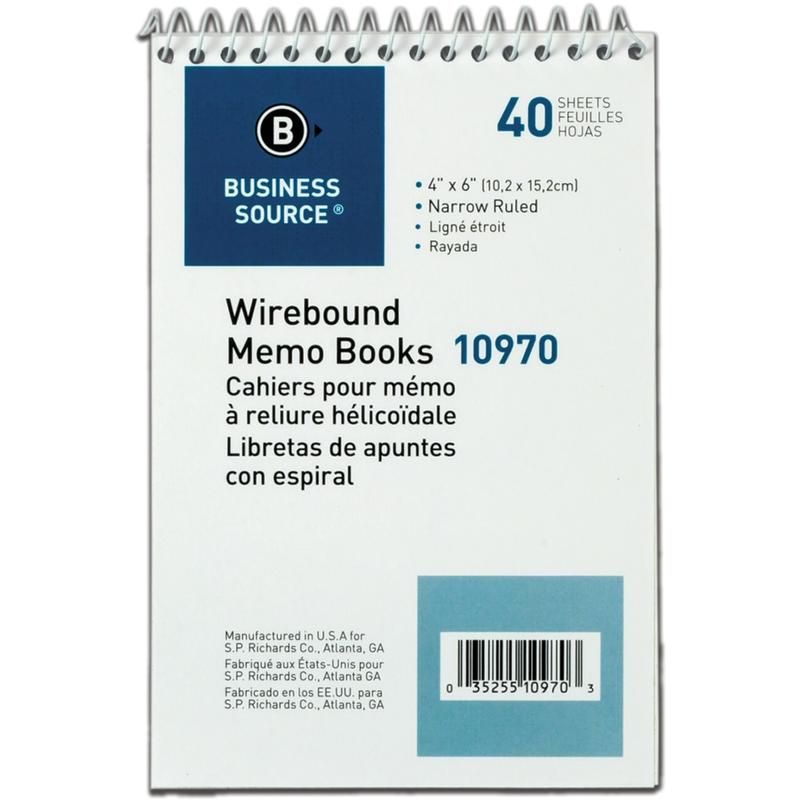 Business Source Wirebound Memo Books - 40 Sheet(s) - Wire Bound - 4in x 6in Sheet Size - White - White Sheet(s) - 1 Dozen (Min Order Qty 2) MPN:10970