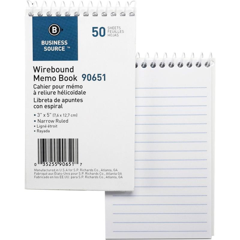 Business Source Wirebound Memo Books, 5in x 3in, 50 Sheets, White, Pack Of 12 (Min Order Qty 2) MPN:90651