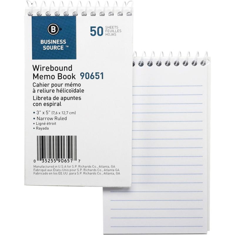 Business Source Wirebound Memo Books, 5in x 3in, 50 Sheets, White, Pack Of 12 MPN:90651