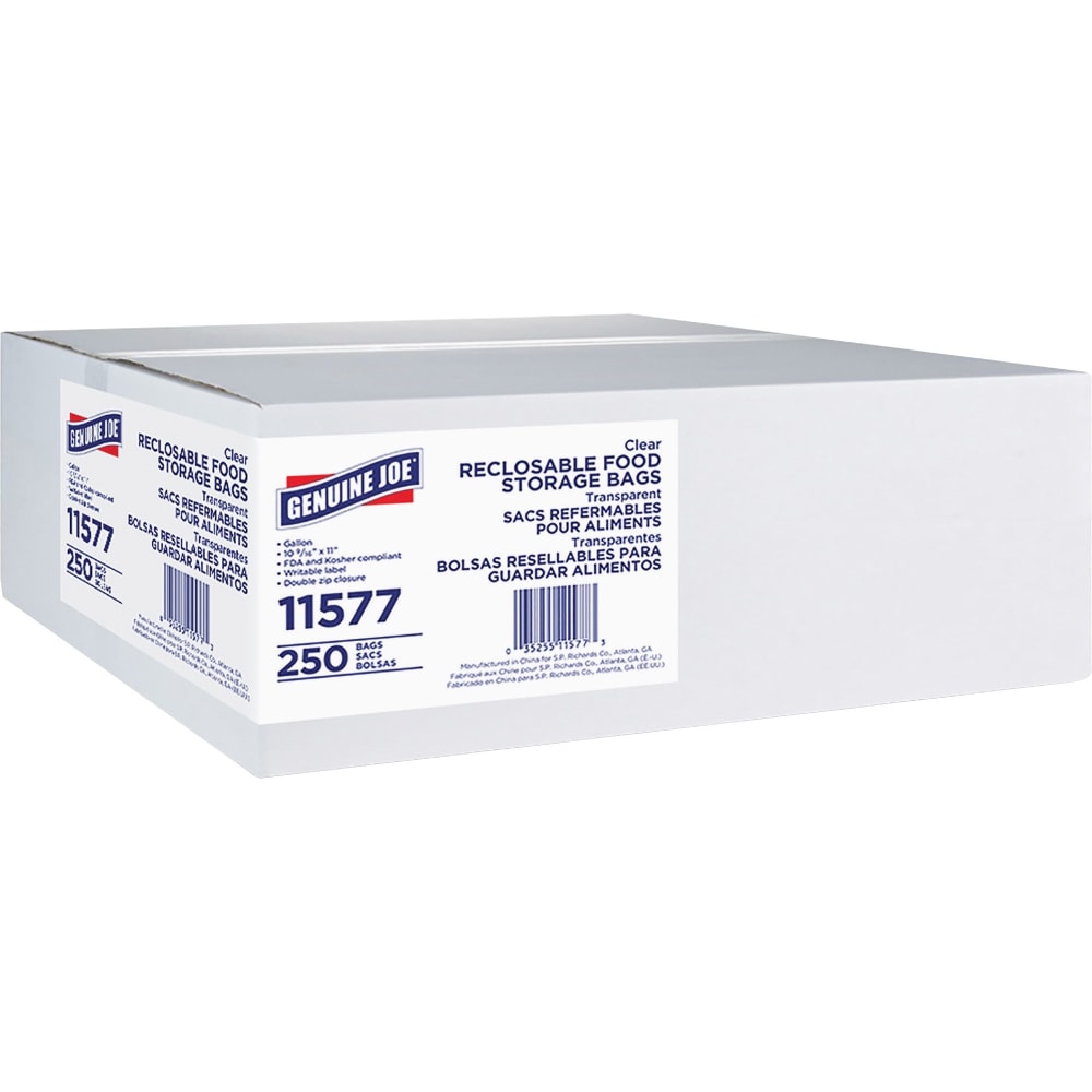 Genuine Joe Food Storage Bags, 1 gal Capacity, 10.56inx 11in, 1.75 mil (44 Micron) Thickness, Zipper Closure, 250 Count - 11577 MPN:11577