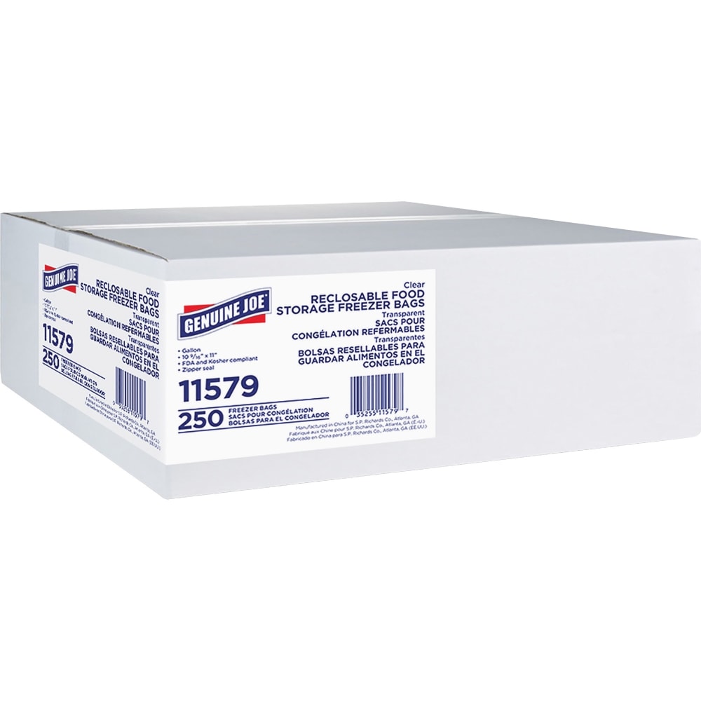 Genuine Joe Freezer Storage Bags, 1 gal Capacity, 2.70 mil (69 Micron) Thickness, Zipper Closure, Clear, 250 Count- 11579 MPN:11579