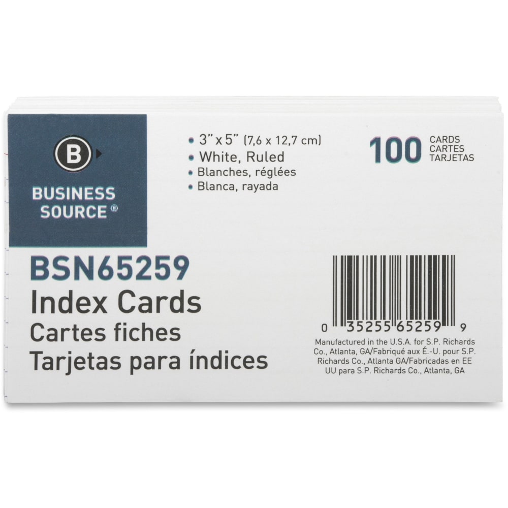 Business Source Ruled Index Cards - 5in Width x 3in Length - 100 / Pack MPN:65259
